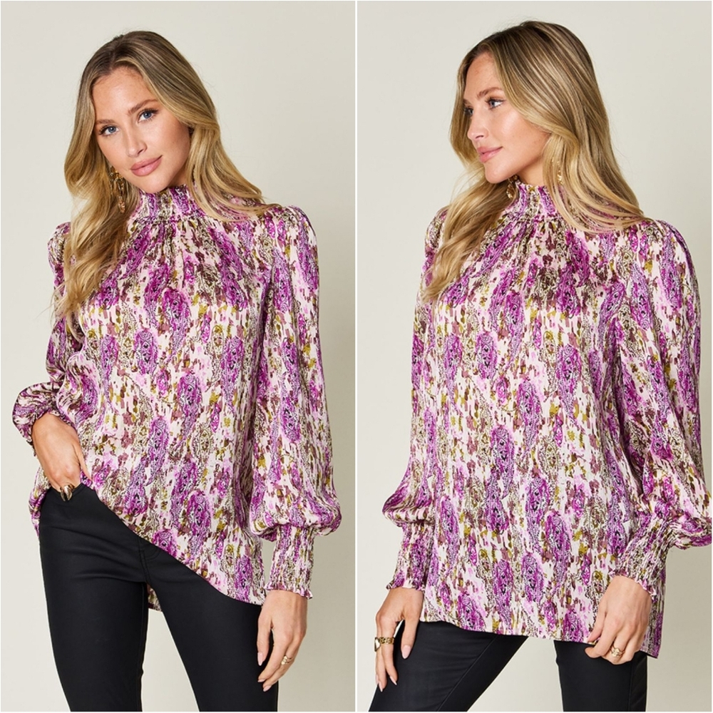 Sweet Smocked Mock Neck Blouse - Red Violet